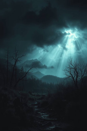 Foggy landscape in the mountains with sun rays and dark treesの写真素材