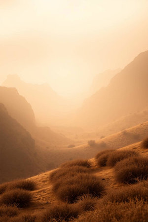 Mountain landscape in the mist at sunrise.の写真素材