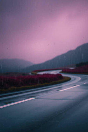 Blurred image of a road in the middle of the mountains.の写真素材