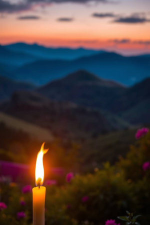 Candle on the background of the mountains at sunset. Selective focus.の写真素材