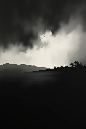 Black and white image of a stormy sky over the mountains.の写真素材