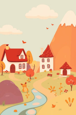 Autumn rural landscape with houses, trees and river. Vector illustrationの写真素材
