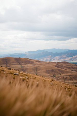Mountain landscape with dry grass and cloudy sky in the background.の写真素材
