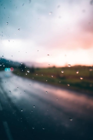 rain drop on the car glass with blur road background, vintage toneの写真素材