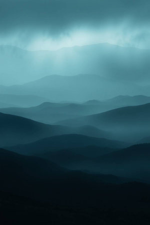 Foggy mountain landscape in the evening. Blue toned.の写真素材