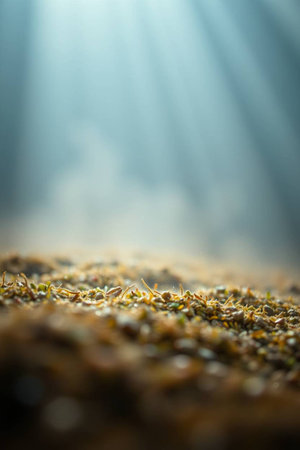 Grains of wheat in a misty field. Shallow depth of fieldの写真素材