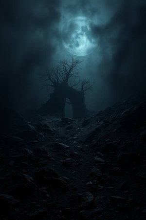 Halloween concept with scary tree and full moon. 3d renderingの写真素材