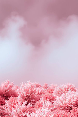 Pink winter background with snow-covered pine trees and cloudy sky.の写真素材