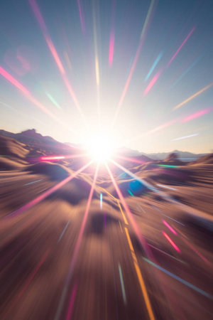 Sunset over the clouds, abstract motion blur effect. 3d illustrationの写真素材