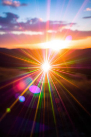 Sunset in the mountains with lens flare and bokeh effectの写真素材