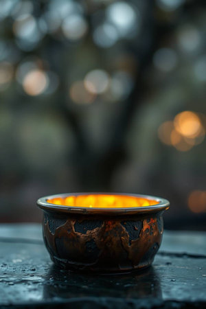 Burning candle in a pot with bokeh background, close up