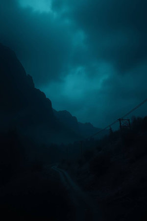 Foggy night in the mountains of Gran Canaria, Spainの写真素材