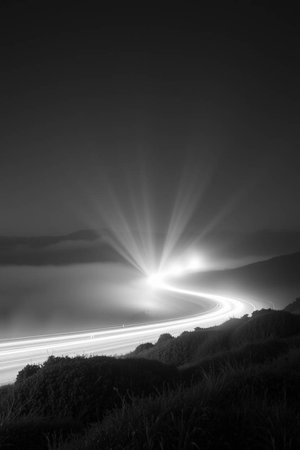 Long exposure of the road at night. Black and white photo.の写真素材