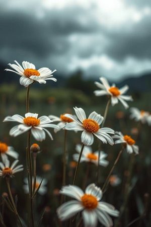 White daisies in the meadow with dark clouds in the backgroundの写真素材
