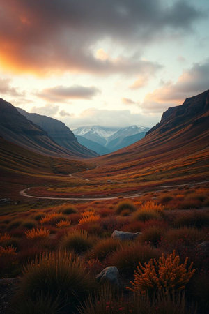 Mountain landscape at sunset. Dramatic overcast sky. Icelandの写真素材