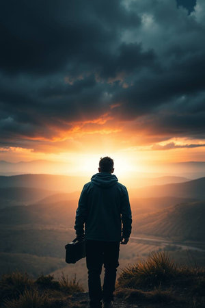 Photographer standing on top of mountain and looking at beautiful sunset.の写真素材