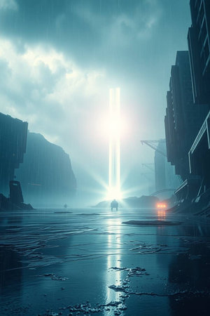 Foggy cityscape with double exposure effect. 3D renderingの写真素材