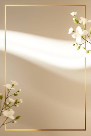 White flowers with golden frame on beige background. Minimal style.の写真素材