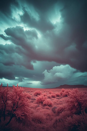 Dramatic stormy sky over desert landscape. Toned.の写真素材