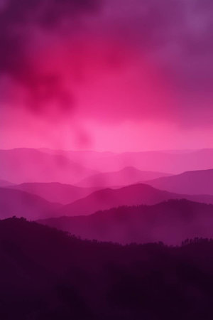 Foggy sunrise over the mountains. Landscape in purple tones.の写真素材