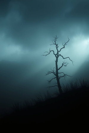 Dead tree in the foggy forest at night.の写真素材