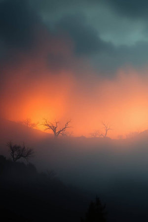 Sunrise in the mountains with fog in the foreground and silhouette of trees