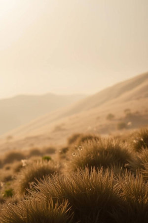 Sunrise in the desert with grass and mountains in the background.の写真素材