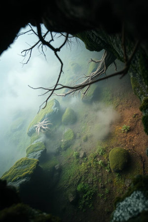 Mossy rocks in a cave in the morning mist. Mountain landscape