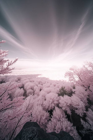 Beautiful view of the mountain with pink trees. Toned.の写真素材