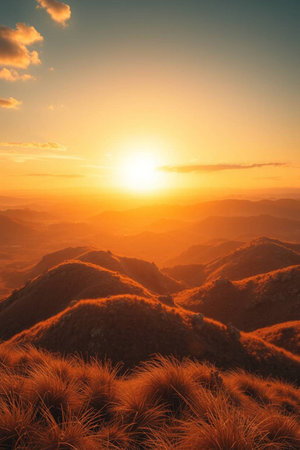 Mountain landscape at sunrise. View from the top of the mountain.の写真素材