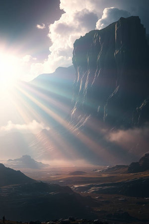 Landscape of mountains and valley with clouds at sunset in summer.の写真素材