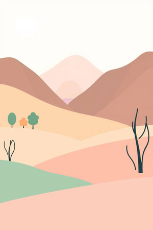 Desert landscape with trees and mountains. Vector illustration in flat styleの写真素材