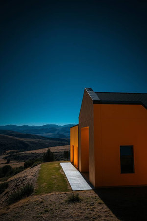 Modern villa on the hillside in the evening with a blue skyの写真素材