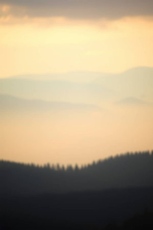 Sunset over the mountain range in the summer. Selective focus.の写真素材