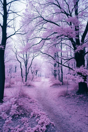 Beautiful infrared image of a pathway in a forest with pink flowersの写真素材
