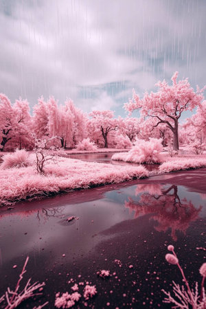 Rainy day in the park, infrared image with space for textの写真素材