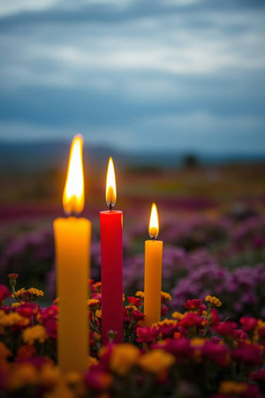 Candles in the garden with colorful flowers on the background at sunsetの写真素材
