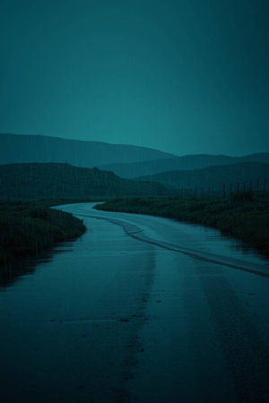 Mountain river at night. Beautiful landscape with river and mountains.の写真素材