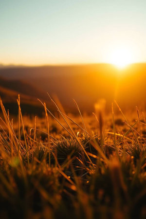 Meadow with grass and sunset in the background. Shallow depth of fieldの写真素材