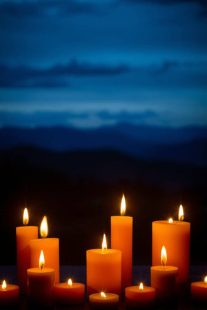 Burning candles on the background of the night sky and mountains.の写真素材