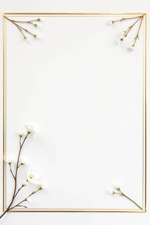 Flowers composition. Frame made of white flowers on white background. Flat lay, top view, copy spaceの写真素材
