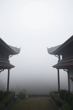 Landscape view of a pagoda in a foggy day.の写真素材