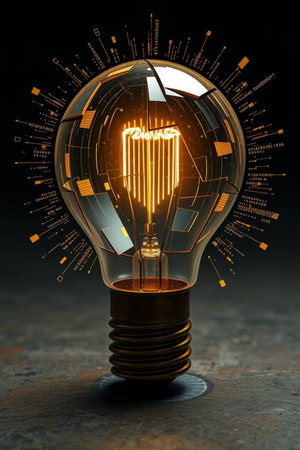 Glowing light bulb on dark background with circuit board. 3D renderingの写真素材