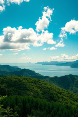 Beautiful landscape of sea and mountain with blue sky.の写真素材