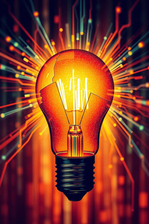 Glowing light bulb on abstract colorful background. 3D Renderingの写真素材