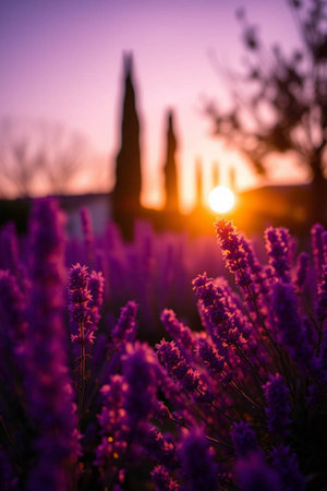 Lavender flowers in Provence, France at sunset.の写真素材