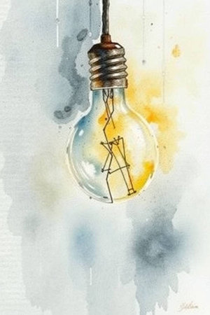 Watercolor illustration of a lightbulb on a paper background.の写真素材