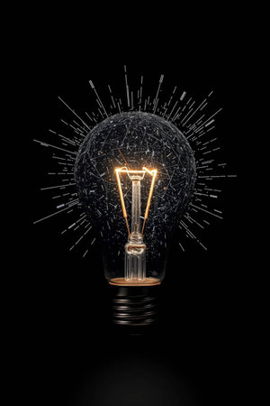 Glass glowing lightbulb with abstract lines inside, 3D rendering