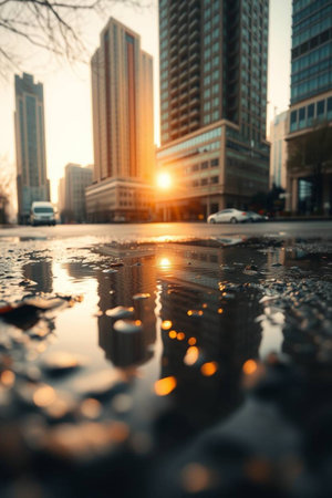 Reflection of the sun in the puddle on the background of modern buildings