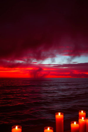 Red sunset over the sea with dark cloudsの写真素材